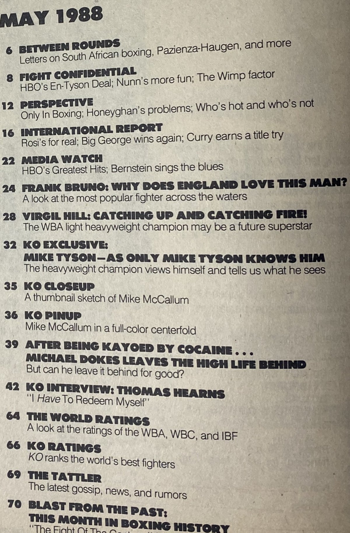 Contents page of KO Boxing Magazine May 1988, detailing articles including Mike Tyson exclusive, fighter profiles, and boxing news.