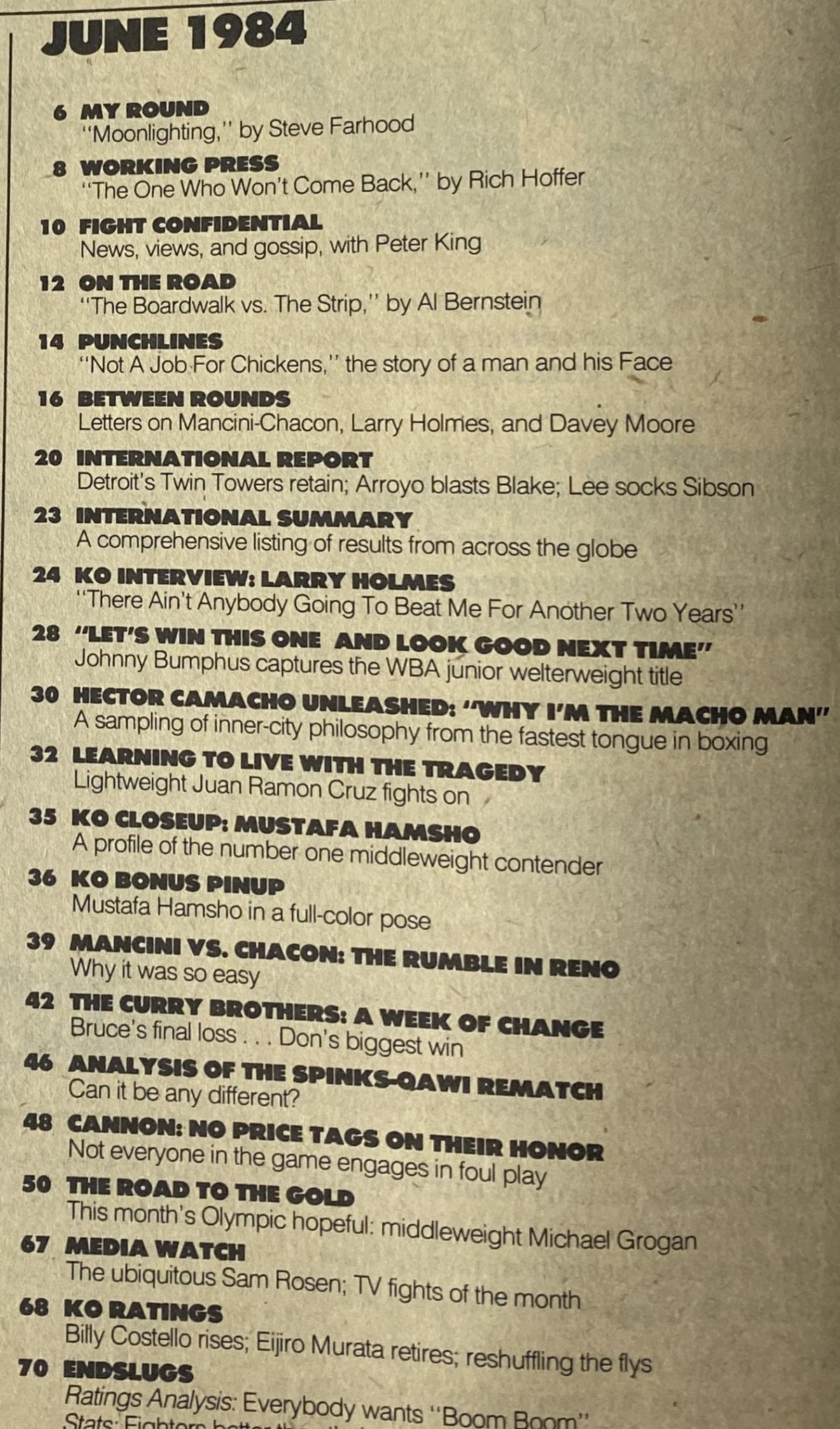 KO Boxing Magazine June 1984 contents page featuring highlights and article titles including 'My Round' by Steve Farhood and 'Fight Confidential' by Peter King, reflecting the boxing scene of the mid-1980s.