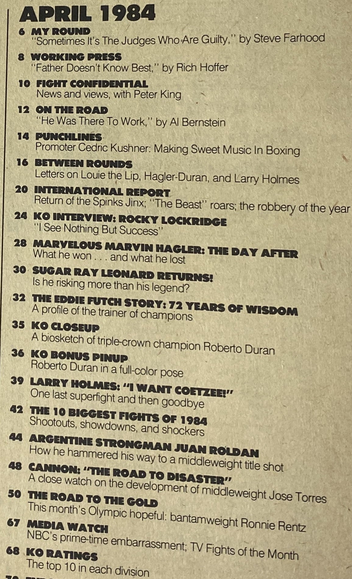 Table of contents from KO Boxing Magazine, April 1984, listing features such as 'My Round', 'Fight Confidential', and more, showcasing the stories and insights from the boxing world.
