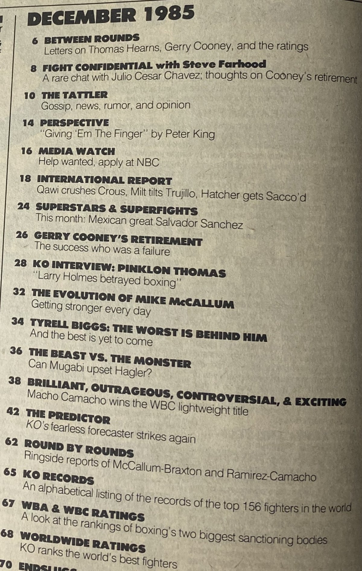 Contents page of KO Boxing Magazine December 1985, listing features including Pinklon Thomas's interview and articles on various boxing legends.