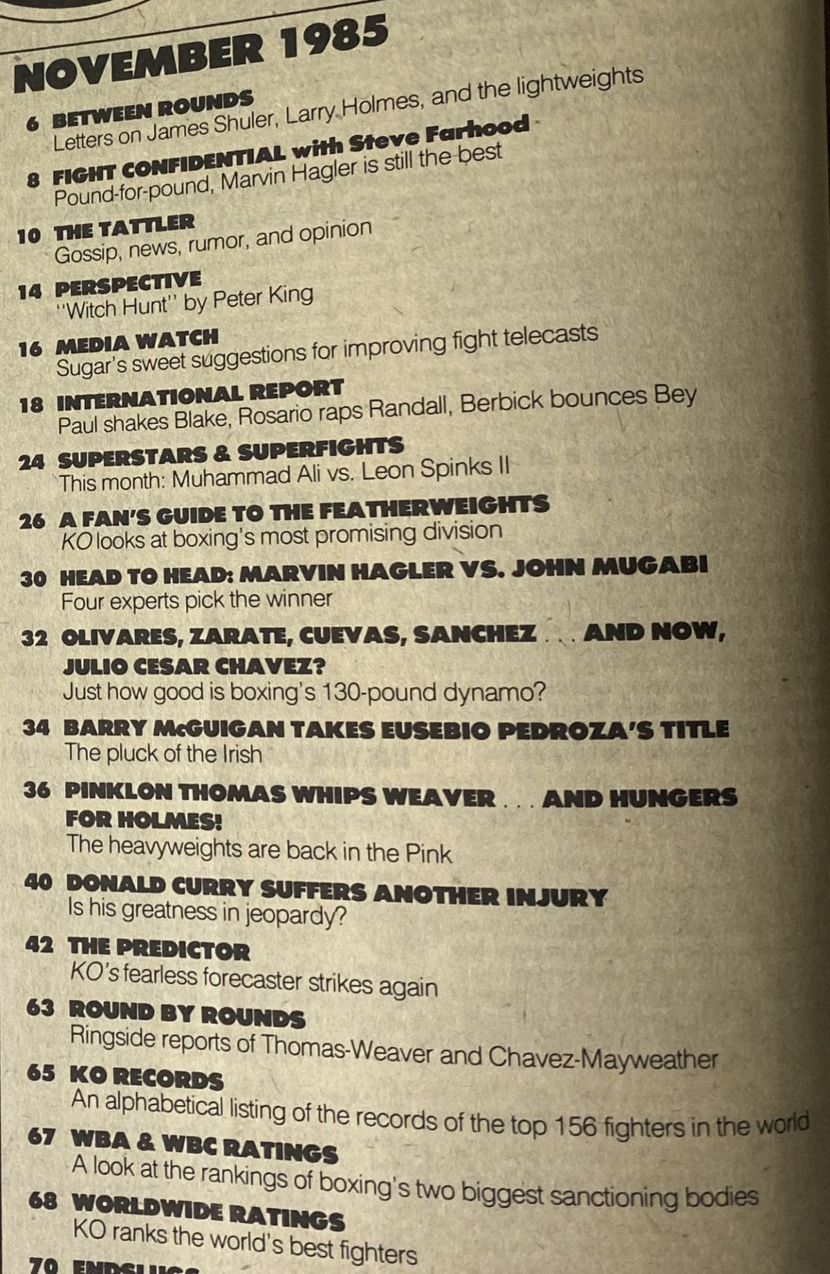 Contents page of KO Boxing Magazine November 1985, detailing articles on Barry McGuigan, Hagler vs. Mugabi, and various boxing highlights from that month.