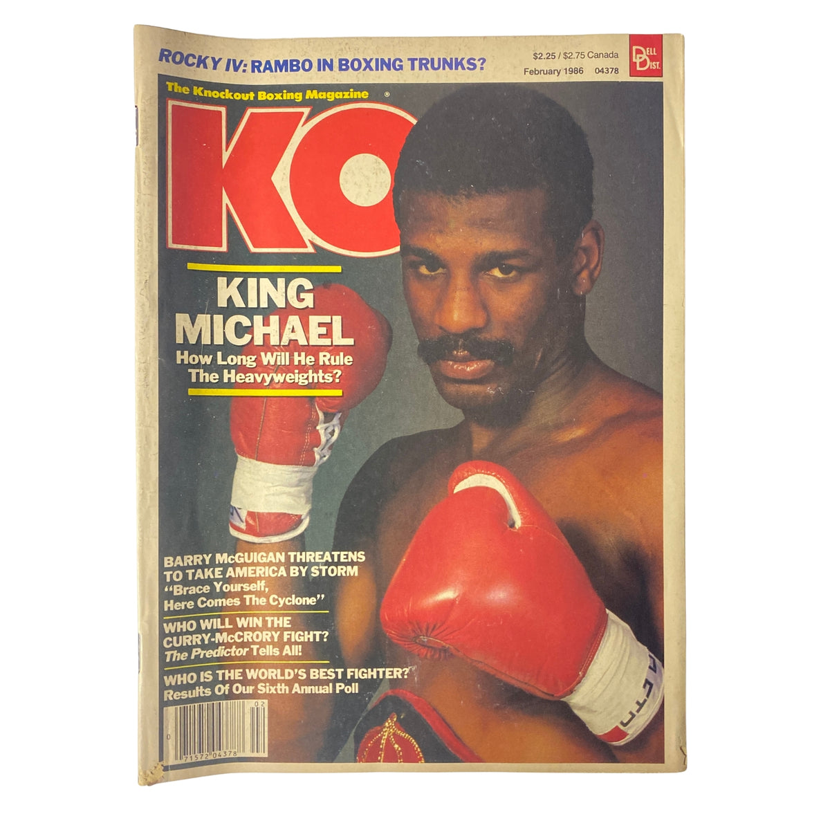 KO Boxing Magazine February 1986 featuring King Michael on the cover, showcasing Michael Spinks in boxing gloves, emphasizing his status in heavyweight boxing.