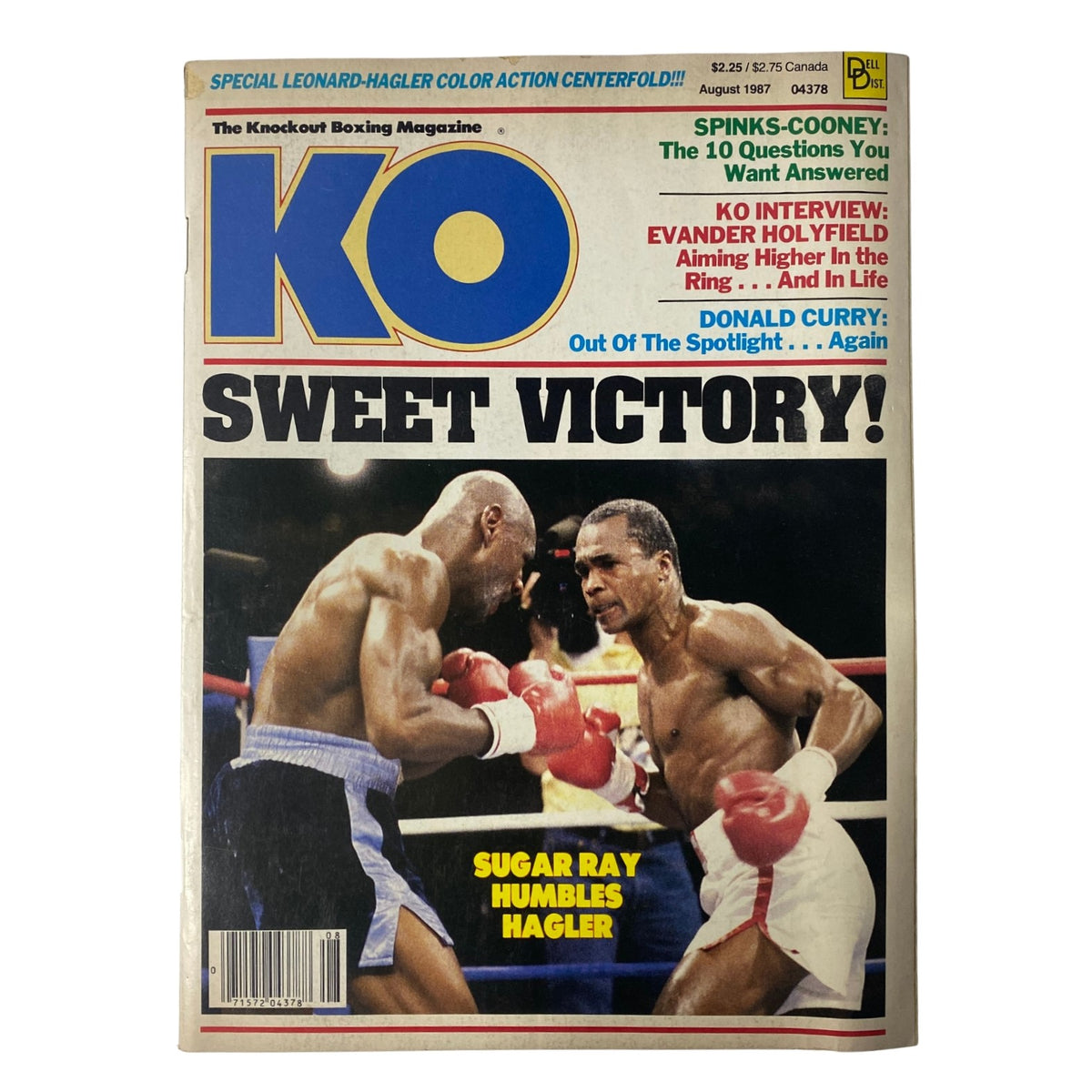 KO Boxing Magazine August 1987 featuring Sugar Ray Leonard vs. Marvin Hagler on the cover, showcasing Leonard's victory over Hagler.