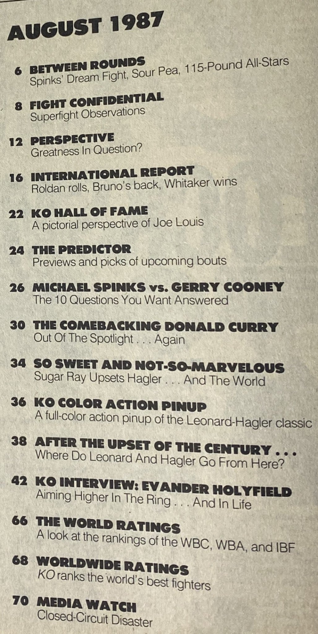 Contents page of KO Boxing Magazine August 1987, detailing significant boxing events and features including Sugar Ray Leonard and Marvin Hagler.