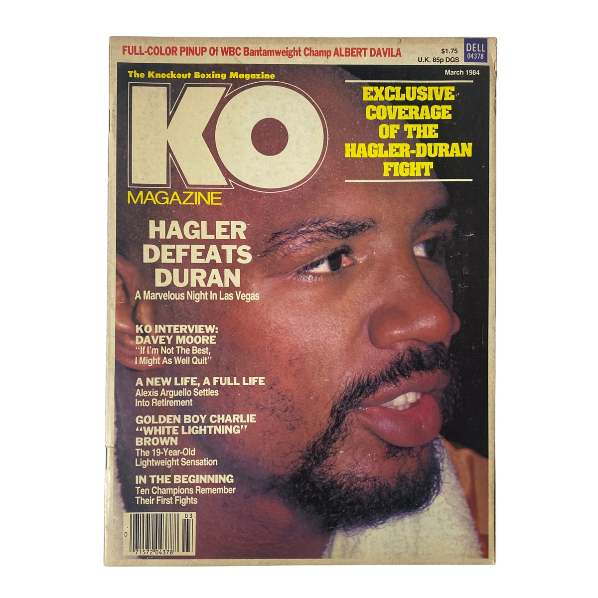 KO Boxing Magazine March 1984 featuring Marvelous Marvin Hagler on the cover, highlighting his victory over Roberto Durán. The magazine has no label and is in good condition, making it an ideal collectible for boxing fans.