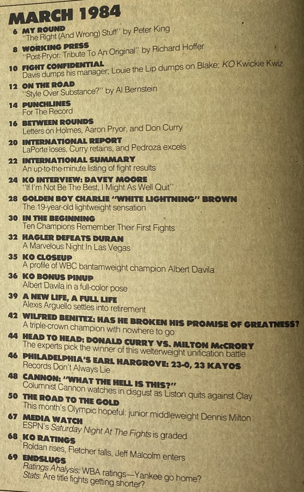 Contents page of KO Boxing Magazine March 1984 featuring articles by Peter King and Richard Hoffer, showcasing Marvelous Marvin Hagler, including fight analysis and coverage from boxing's golden era.