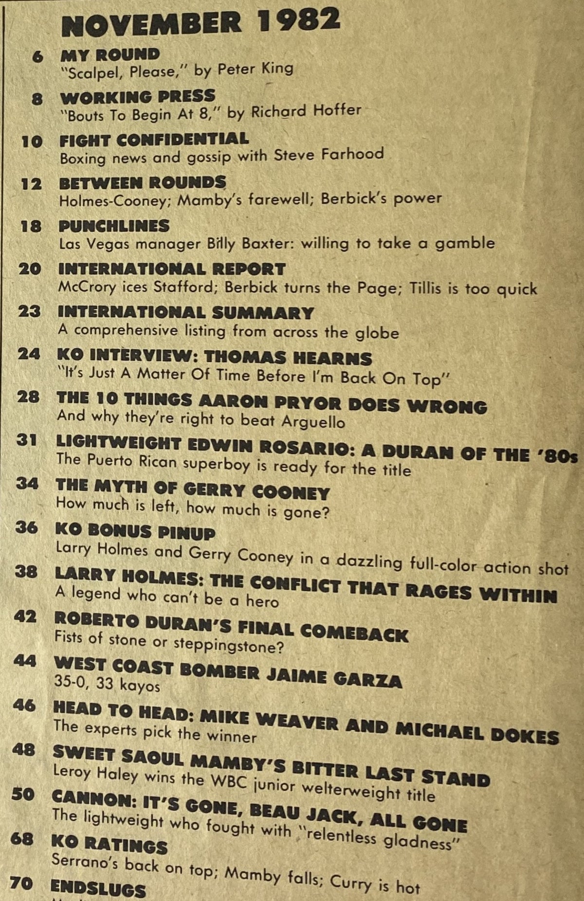 Table of contents for KO Boxing Magazine November 1982, listing articles including ‘The Myth of Gerry Cooney’ and interviews with boxing legends, essential for fans of that period.