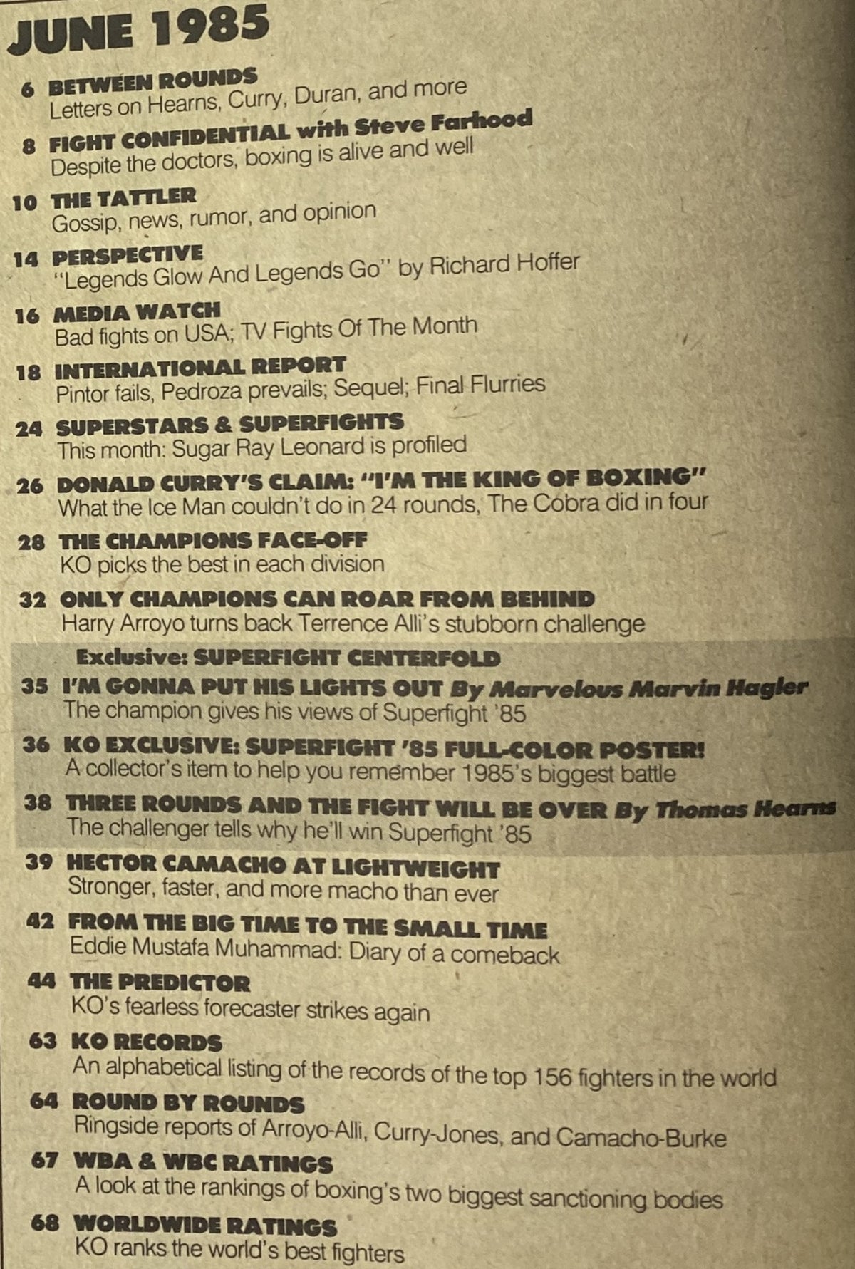 Table of contents from KO Boxing Magazine June 1985, detailing features such as 'Between Rounds,' 'Fight Confidential,' and coverage of Superfight '85.