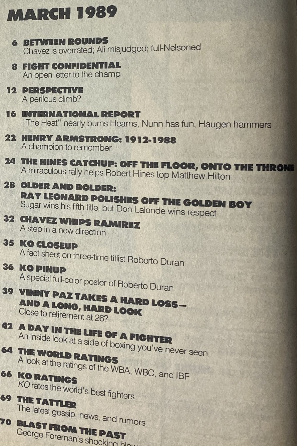 Inside page from KO Boxing Magazine March 1989 detailing articles and features, including Sugar Ray Leonard's career highlights and major boxing events from that month.