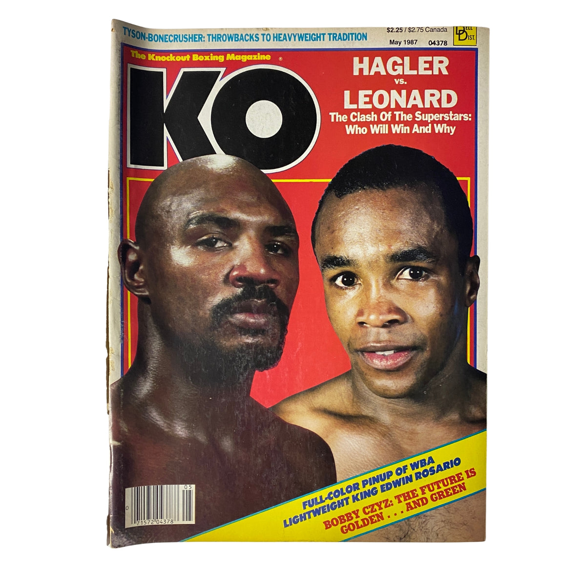 KO Boxing Magazine Cover May 1987 featuring Marvin Hagler and Sugar Ray Leonard, highlighting the iconic match-up with details of their historical rivalry.