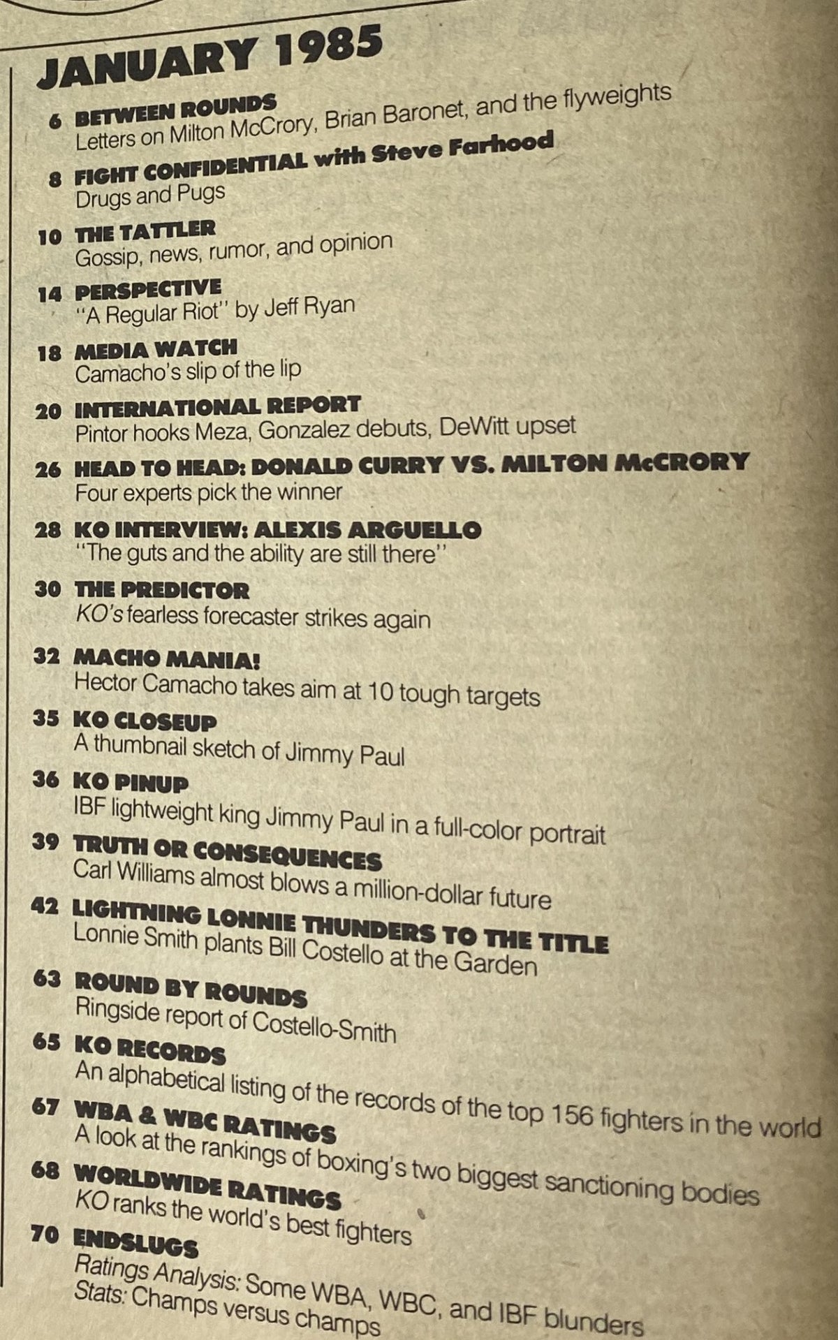 Table of contents from KO Boxing Magazine January 1986, listing features such as 'Fight Confidential', 'KO Interview with Alexis Arguello', and various highlights from the issue focusing on Hector Camacho and other boxing greats.