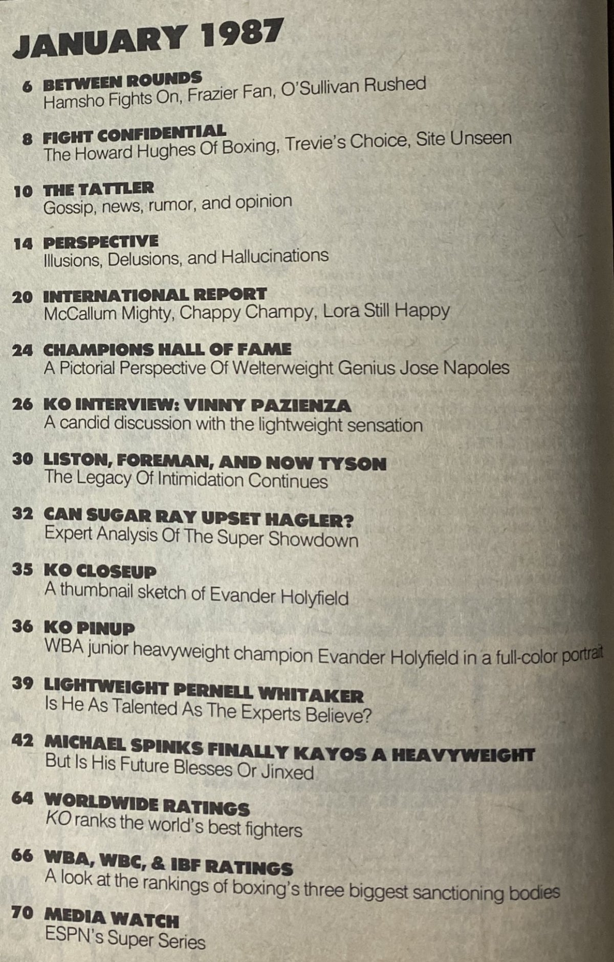 Contents page of KO Boxing Magazine January 1987, listing articles such as 'Can Sugar Ray Upset Hagler?' and interviews, showcasing the boxing events and key figures of the era.