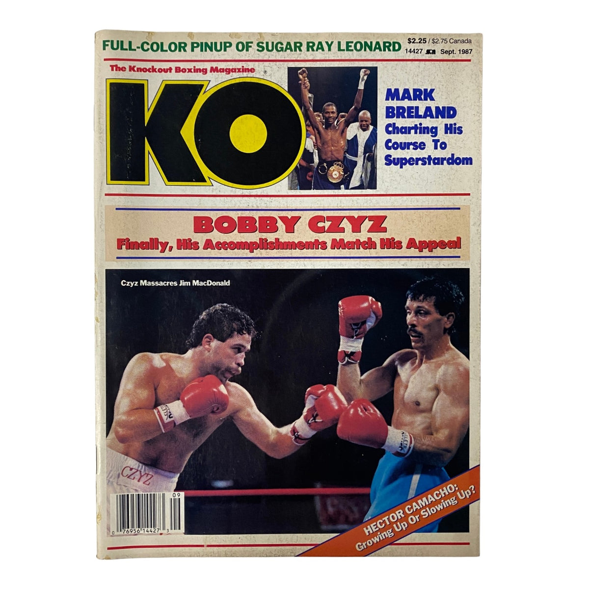 KO Boxing Magazine September 1987 featuring Bobby Czyz and Jim McDonald on the cover, highlighting boxing legends and their achievements. Includes a full-color pinup of Sugar Ray Leonard and discusses Mark Breland's path to stardom.