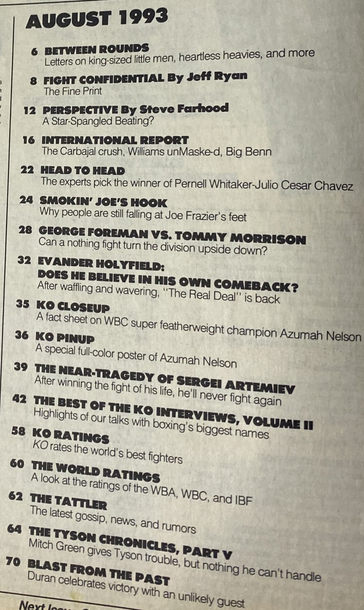 Table of contents from KO Boxing Magazine August 1993, outlining features including Between Rounds, Fight Confidential, and expert analyses of the Whitaker vs. Chávez matchup.