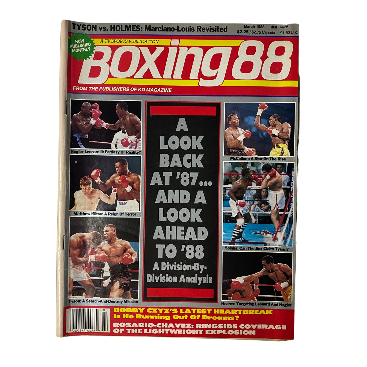 Cover of Boxing 88 Magazine for March 1988 featuring the iconic matchup of Marvin Hagler vs. Sugar Ray Leonard. The cover includes highlights of boxing history and articles analyzing past and future events in the sport.