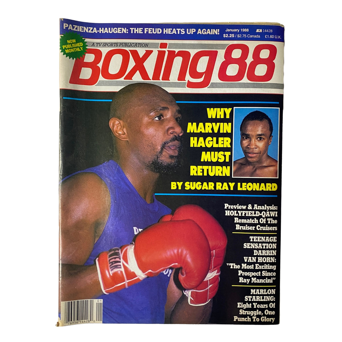 Cover of Boxing 88 Magazine January 1988 featuring Marvin Hagler in boxing gloves and Sugar Ray Leonard. Highlights include a featured article titled 'Why Marvin Hagler Must Return' by Sugar Ray Leonard.