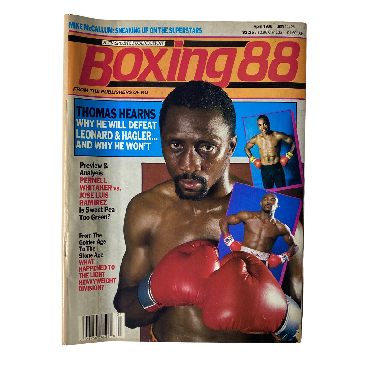Boxing 88 Magazine April 1988 featuring Thomas Hearns on the cover, showcasing his quest for redemption in boxing. The magazine includes details on Hearns, Leonard, and Hagler, with articles highlighting boxing's evolving divisions.