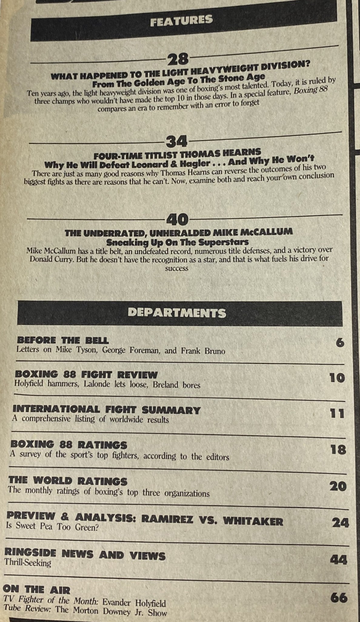 Interior page of Boxing 88 Magazine April 1988, listing features and departments including articles on the light heavyweight division and four-time titleholder Thomas Hearns. This page emphasizes the content of the magazine related to prominent fighters in the 1980s.