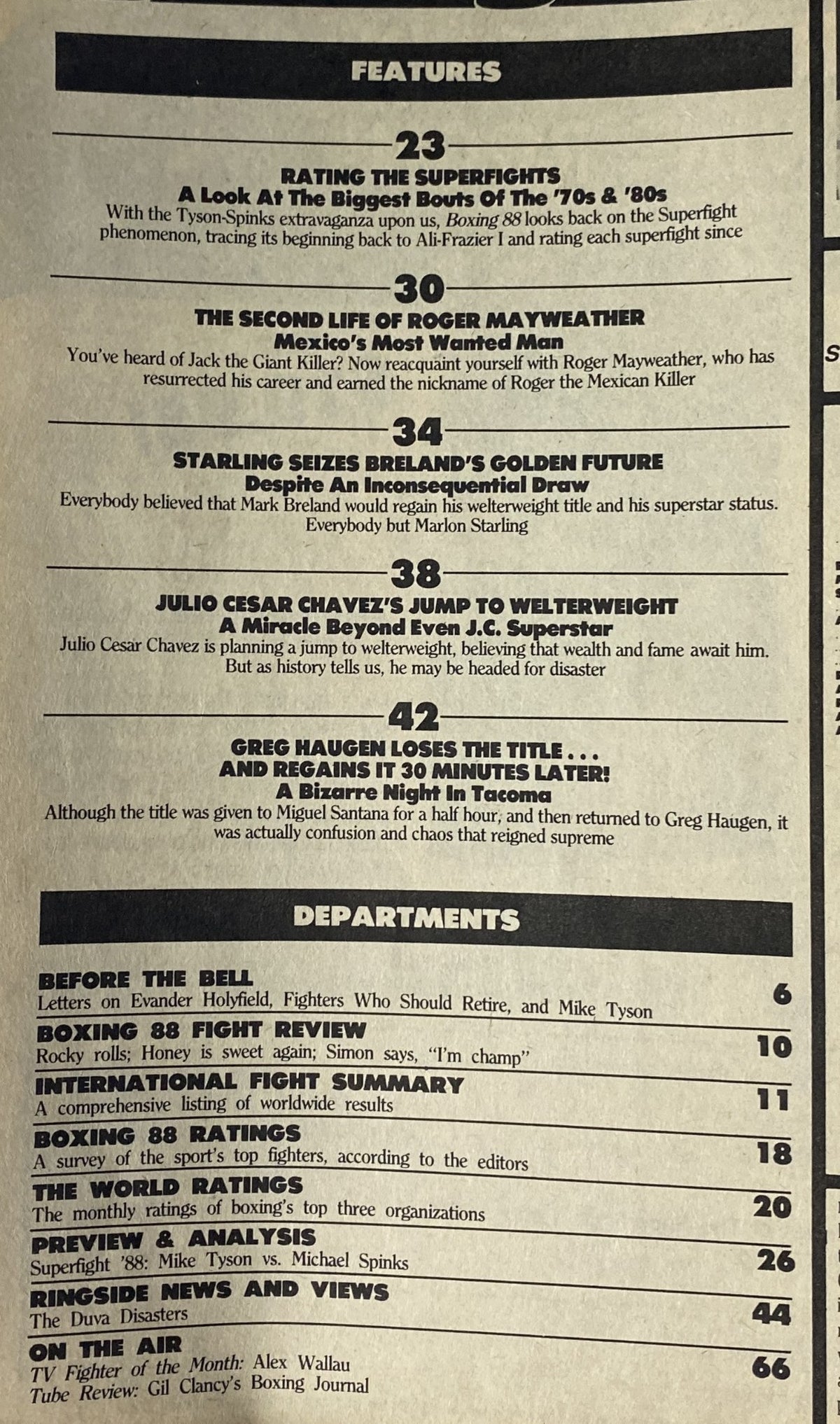 Contents page of Boxing 88 Magazine August 1988, detailing feature articles including 'Rating the Superfights' and 'The Second Life of Roger Mayweather.' Examining boxing history and match highlights.
