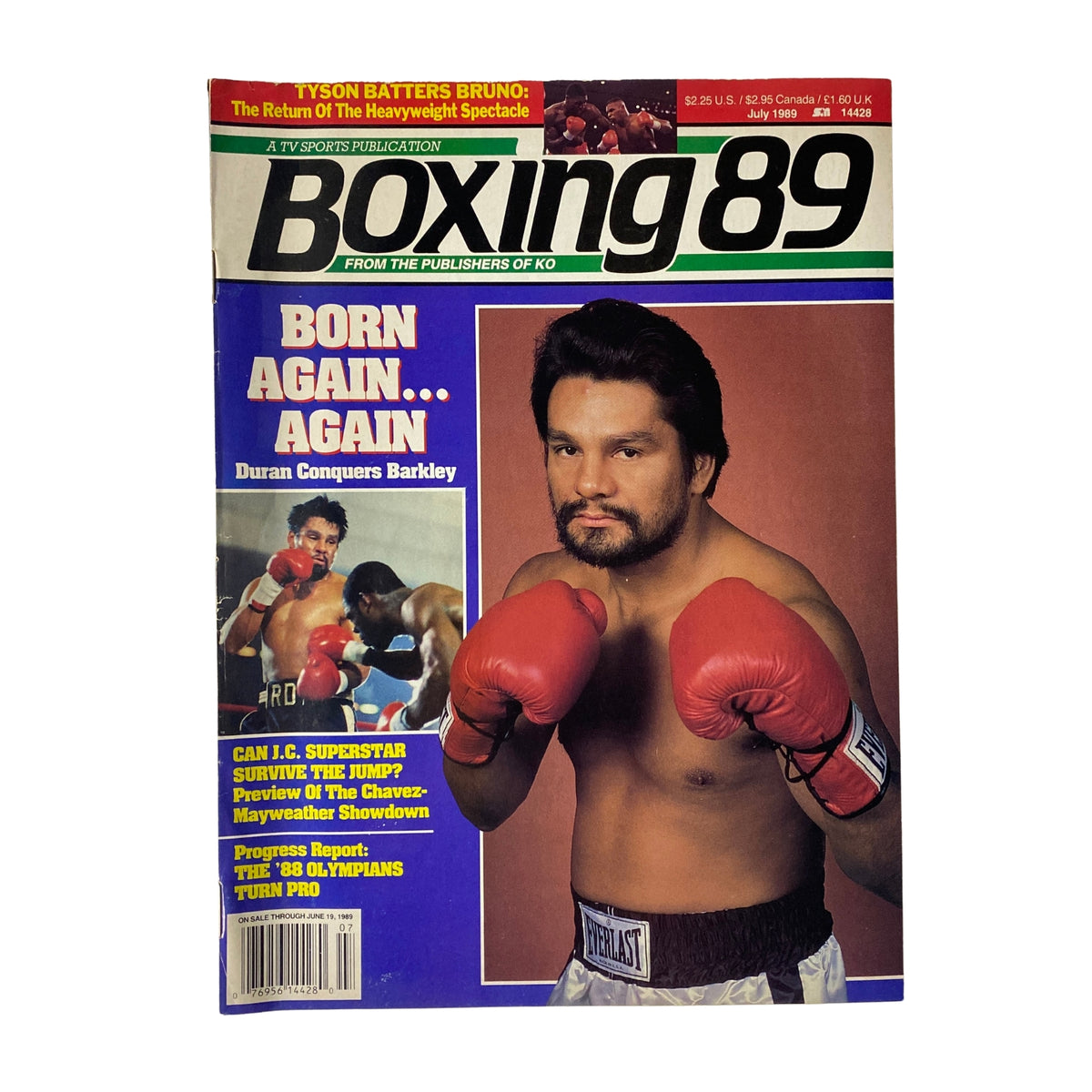 Boxing 89 Magazine July 1989 featuring Roberto Durán on the cover, showcasing his comeback victory over Iran Barkley and highlights of late 80s boxing legends.