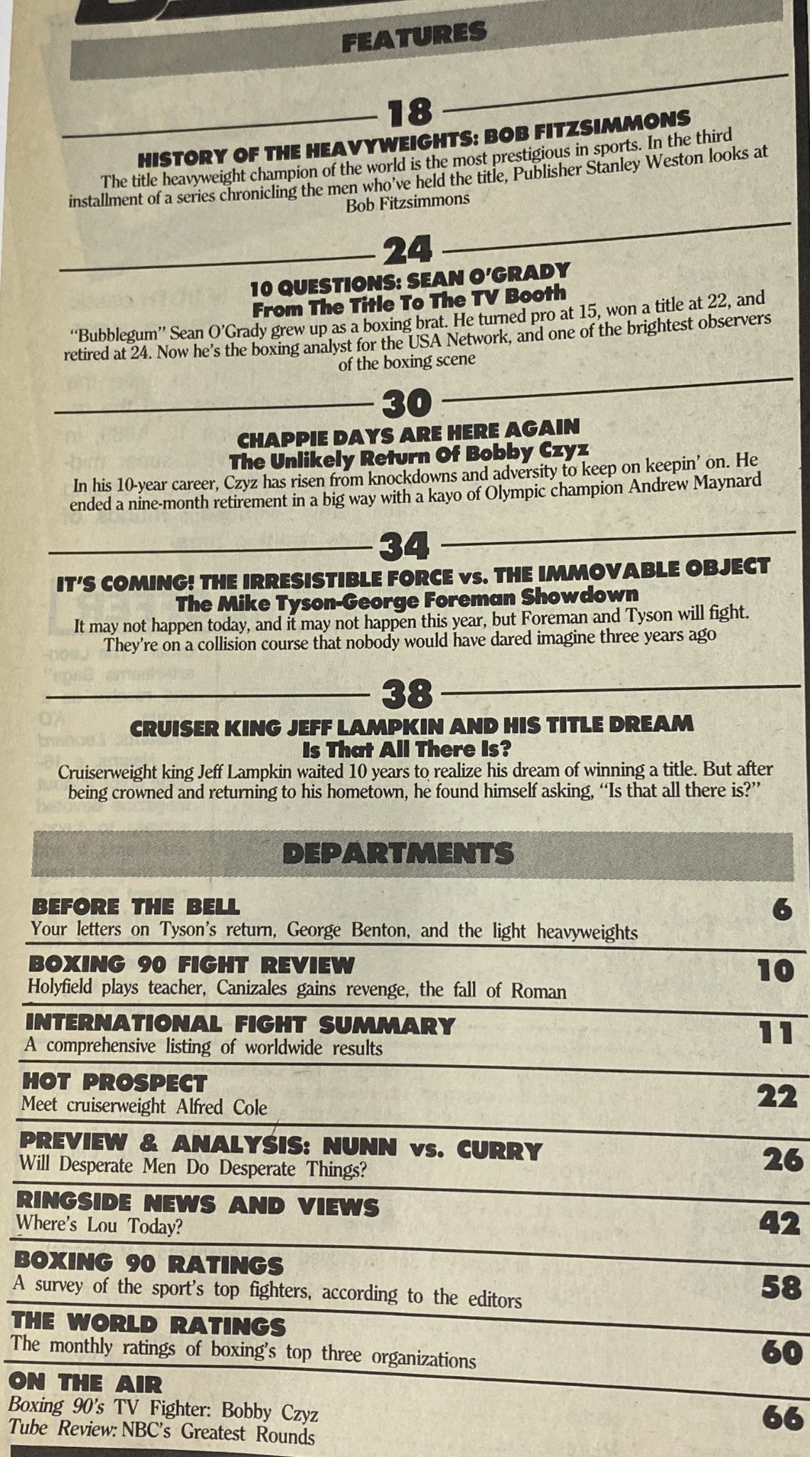 Interior page of Boxing 90 Magazine, November 1990, highlighting features and departments, including articles on boxing history and prominent fighters.