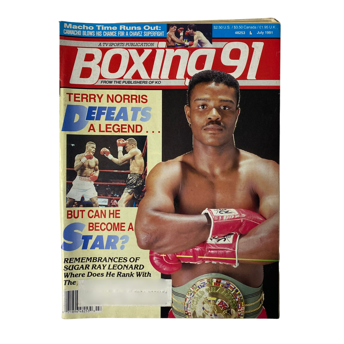 Boxing 91 Magazine July 1991 cover featuring Terry Norris, showcasing the headline 'Terry Norris Defeats a Legend'. Includes imagery of Norris with a championship belt and boxing gloves.