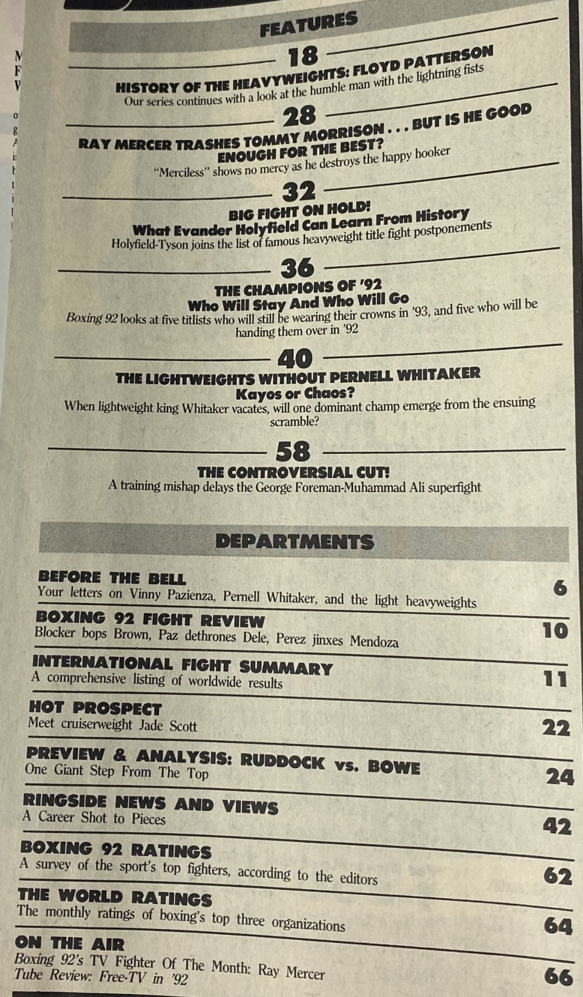 Features and departments listed in the Boxing 92 Magazine March 1992 issue featuring Evander Holyfield and Muhammad Ali on the cover. The contents include historical features, fight reviews, and ratings, capturing the heavyweight boxing landscape of the early 90s.