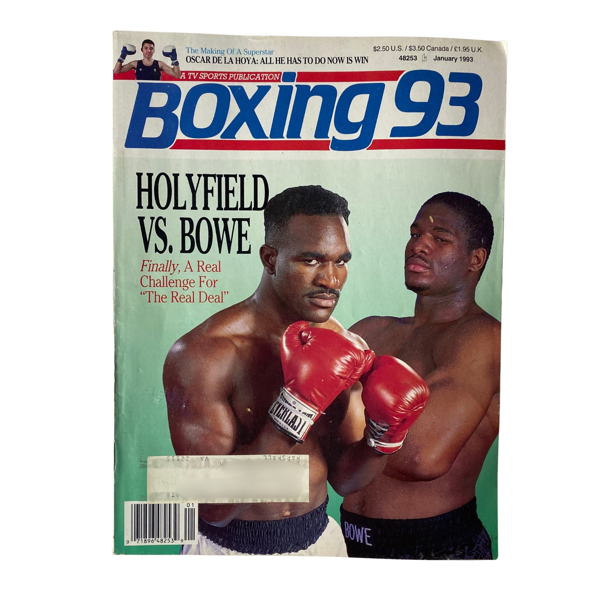 Boxing 93 Magazine January 1993 featuring Evander Holyfield vs. Riddick Bowe on the cover, highlighting their boxing rivalry and a pivotal moment in heavyweight boxing history.