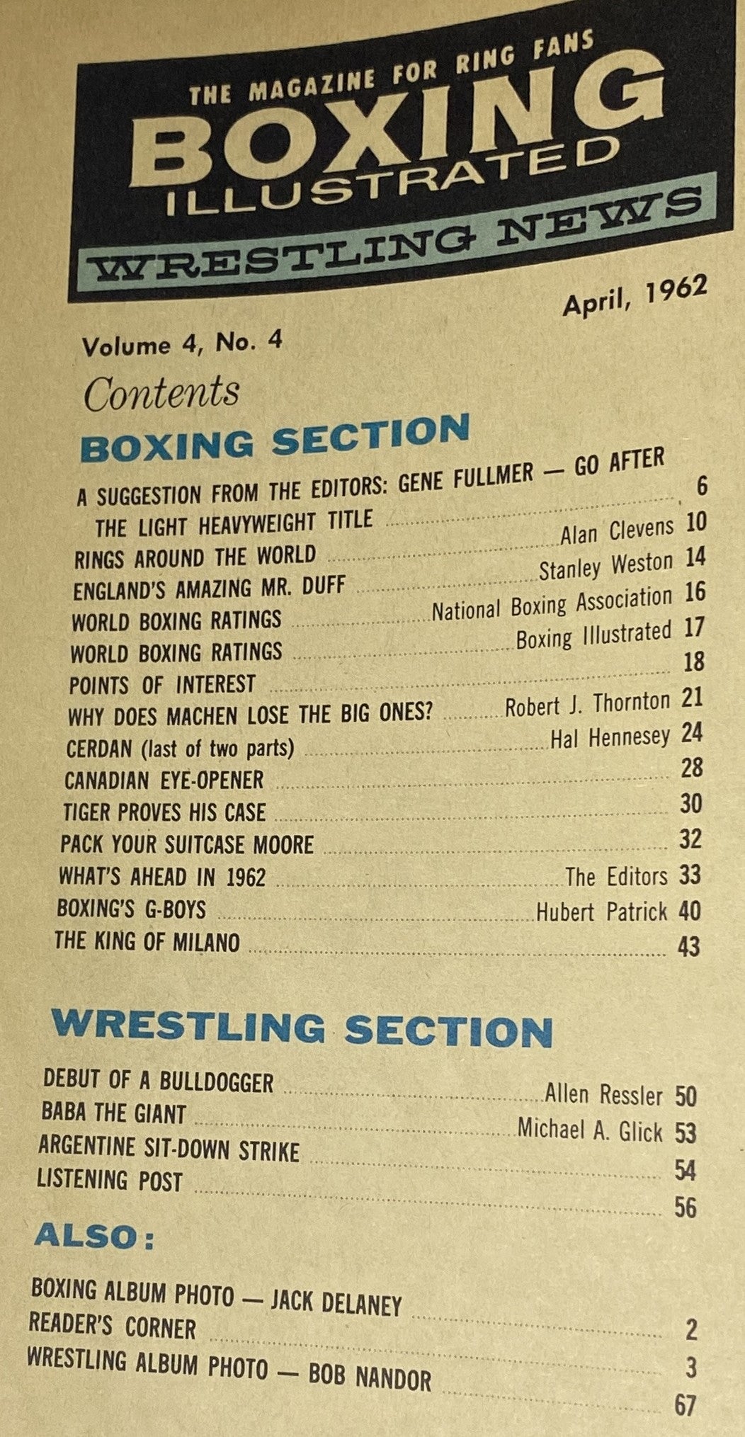 Contents page of the April 1962 issue of Boxing Illustrated Magazine, listing articles on boxing and wrestling, including features on Gene Fullmer and other prominent fighters.