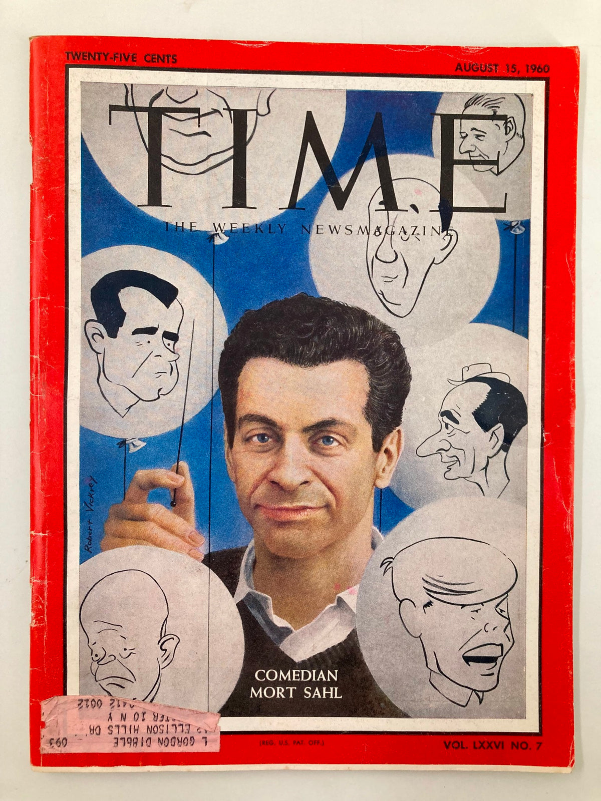 VTG Time Magazine August 15 1960 Vol 76 #7 featuring comedian Mort Sahl on the cover with caricatures of various political figures, showcasing early 1960s political satire.