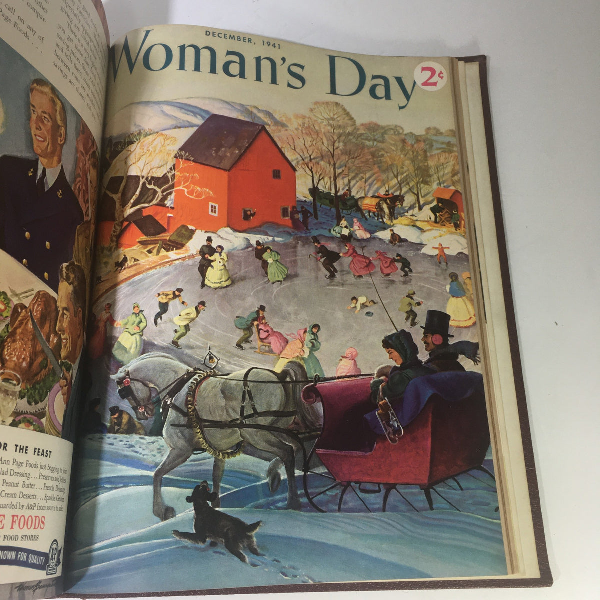 1941 Woman's Day Magazine Compilation depicting a festive winter scene with a horse-drawn sleigh, showcasing community celebrations in December 1941.