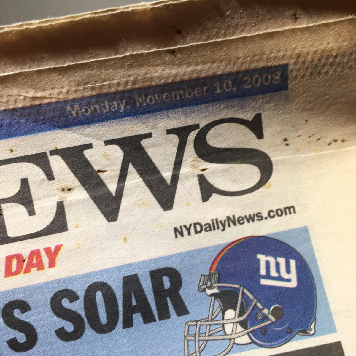 Close-up of the New York Daily News masthead from November 10, 2008, highlighting the date and featuring sports news with the Giants logo.