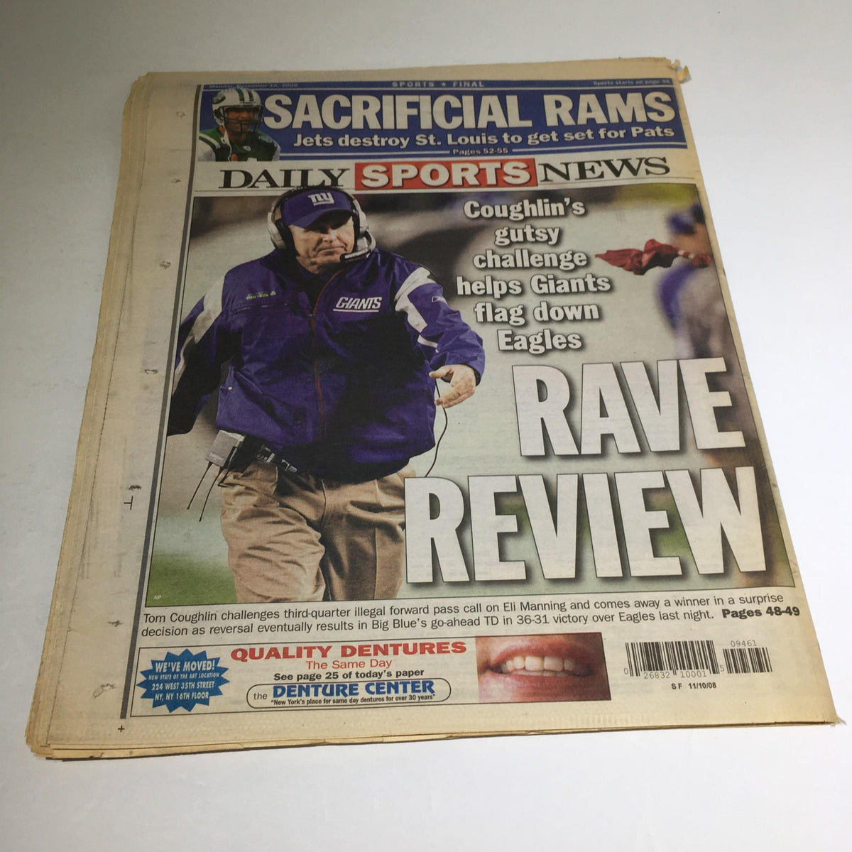 New York Daily News cover featuring Tom Coughlin, focusing on his gutsy challenge in the third quarter against the Eagles, with the headline 'Rave Review'. Part of the collection titled 'New York Daily News: Nov 10 2008, Obama Tours White House as Pres-Elect'.
