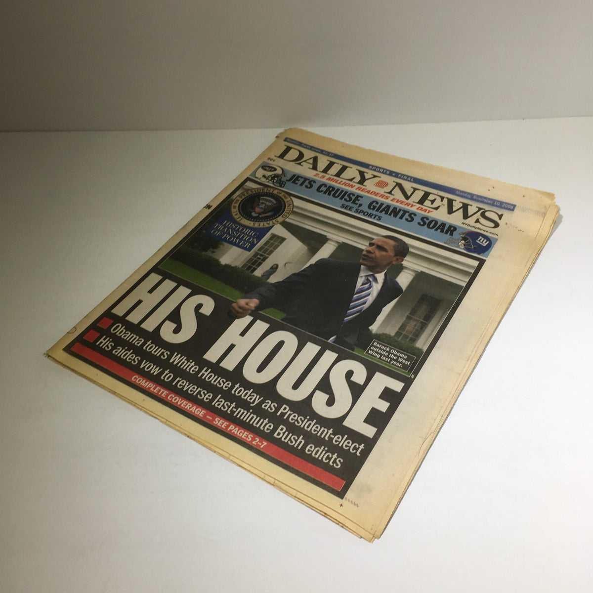 Front page of the New York Daily News from November 10, 2008, depicting President-elect Obama touring the White House with the headline 'His House', part of the collection titled 'New York Daily News: Nov 10 2008, Obama Tours White House as Pres-Elect'.