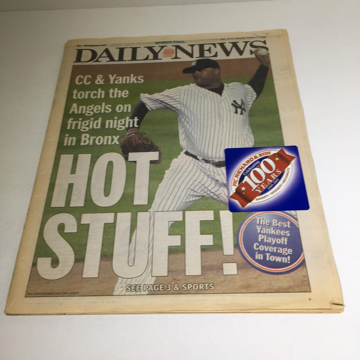 NY Daily News cover from October 17, 2009, featuring CC Sabathia of the Yankees pitching against the Angels on a frigid night in the Bronx, captioned 'HOT STUFF!'