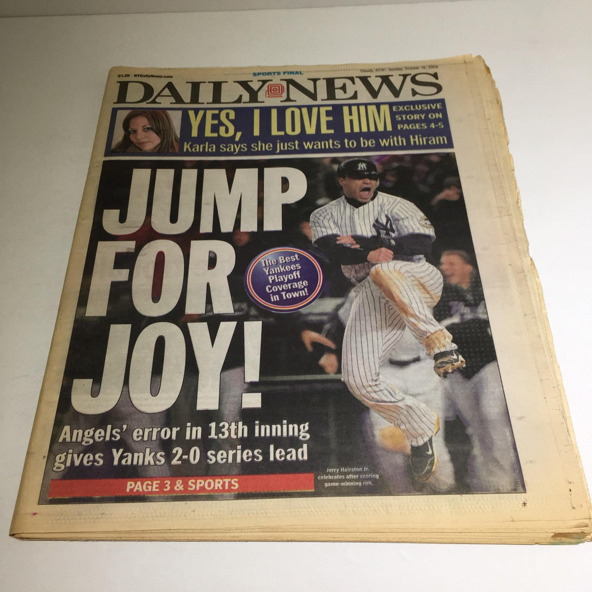 New York Daily News cover from October 18, 2009, featuring the title 'Jump for Joy!' The headline highlights a significant sports event, showcasing excitement following the Angels' error in the 13th inning and the Yankees' 2-0 series lead.