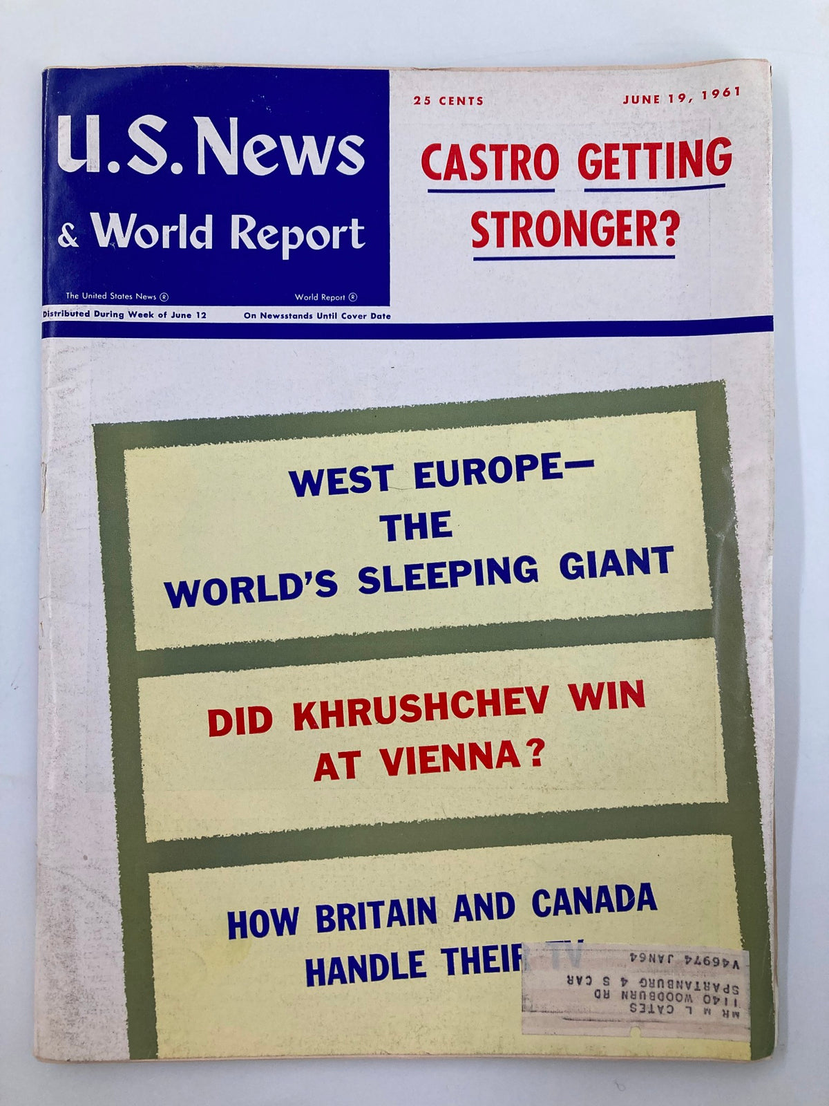 Cover of US News & World Report Magazine from June 19, 1961, featuring the title 'West Europe: The World's Sleeping Giant' and articles on global events during the early 1960s like Castro's strength and Khrushchev's impact.