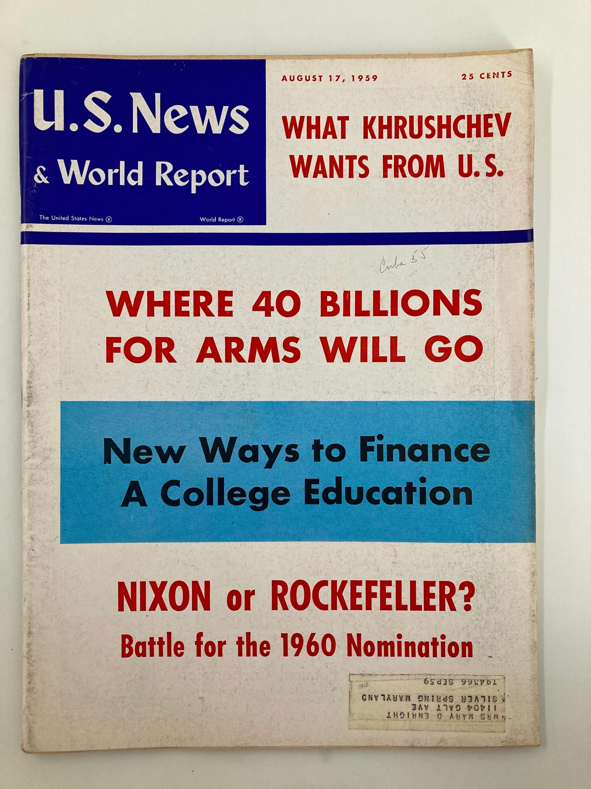 Cover of US News & World Report Magazine dated August 17, 1959, featuring articles on political topics, including a prominent election battle between Nixon and Rockefeller.