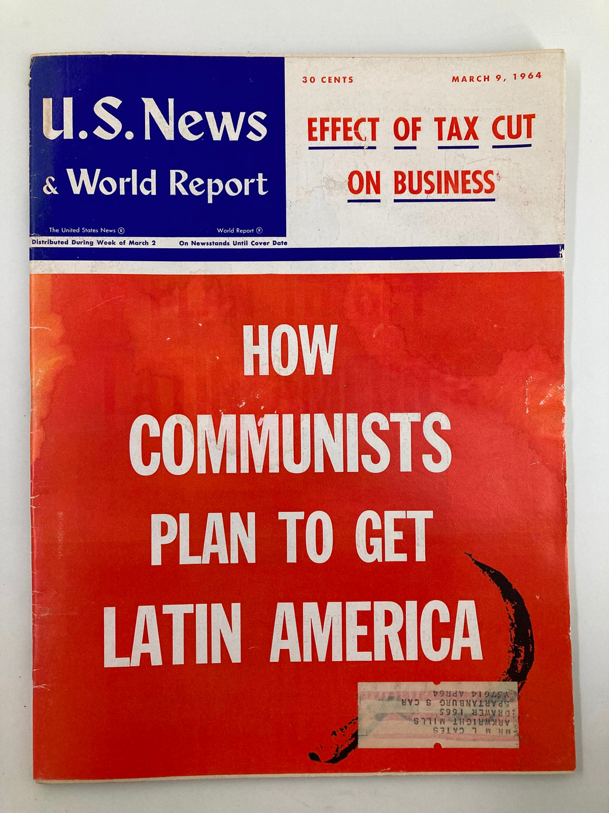 Cover of US News & World Report Magazine March 9 1964 showcasing the headline 'Effect of Tax Cut on Business' with a bright red background and bold white text.