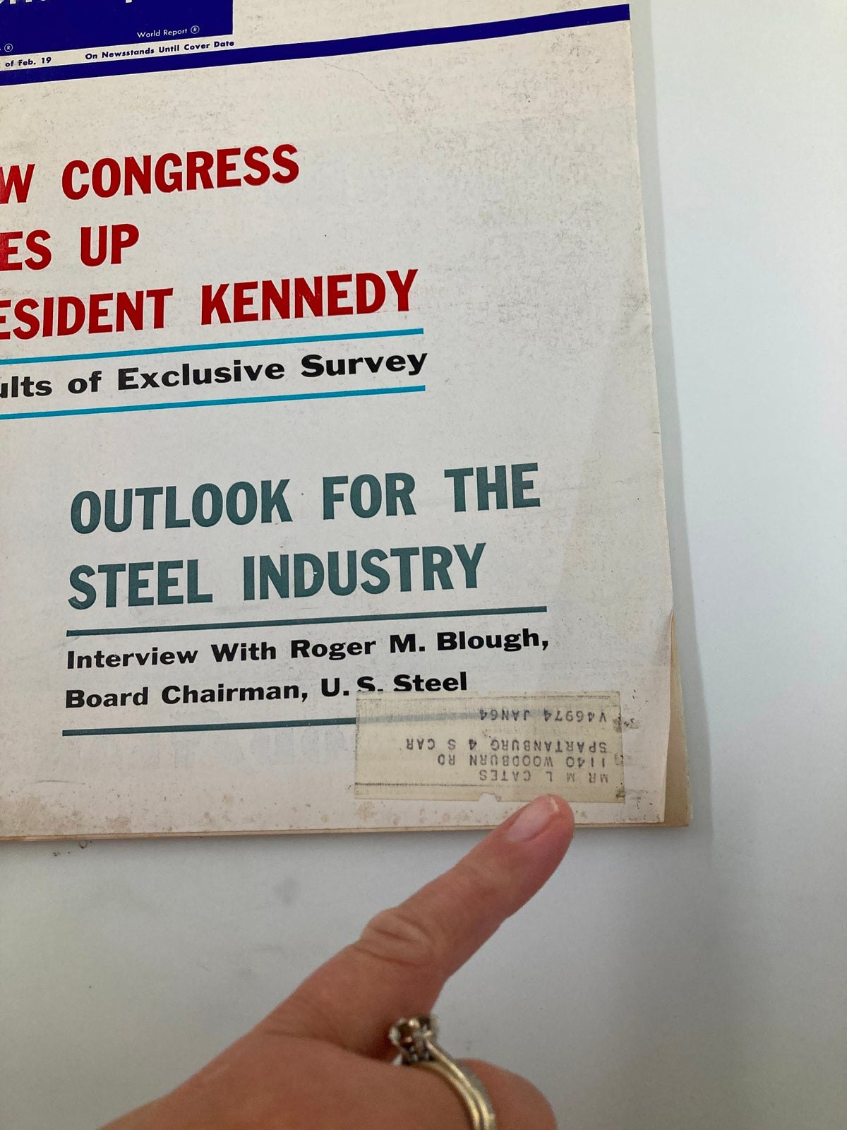 Close-up view of the US News & World Report Magazine February 26 1962 cover, highlighting the headline 'How Congress Sizes Up President Kennedy' and a label detail.