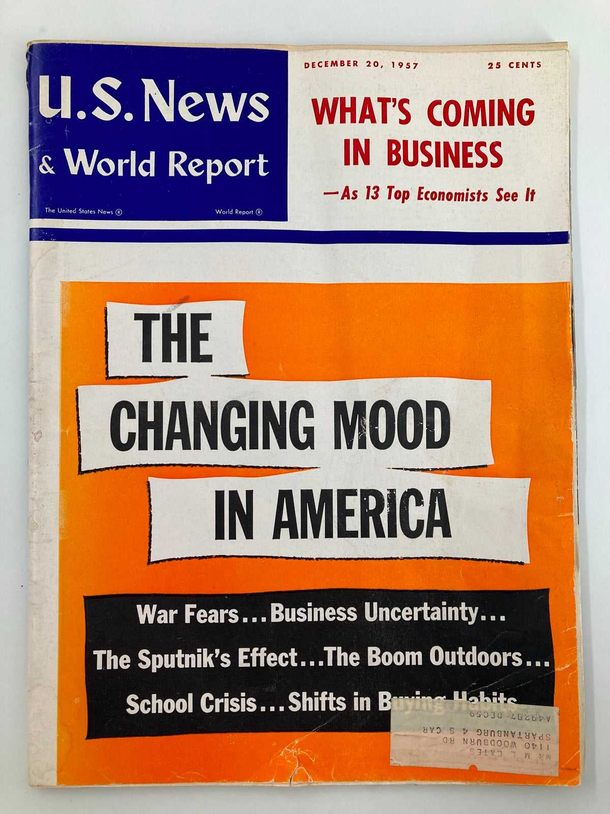 Cover of US News & World Report Magazine December 20, 1957, featuring the title 'The Changing Mood in America' and article highlights including 'War Fears' and 'The Sputnik Effect.'