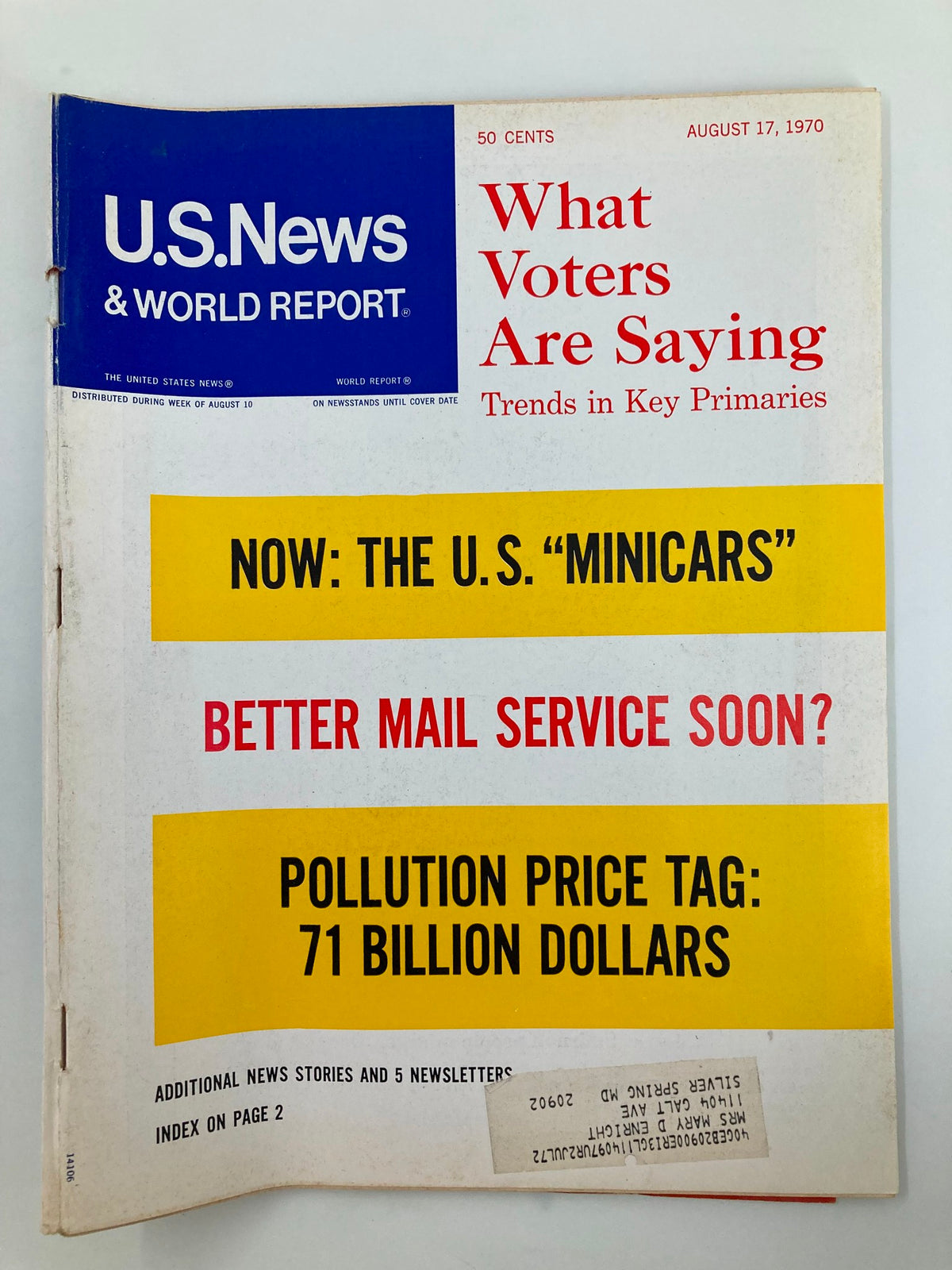 Cover of US News & World Report Magazine from August 17, 1970, featuring the title 'What Voters Are Saying'. It includes headlines about U.S. minicars, better mail service, and pollution price tags.