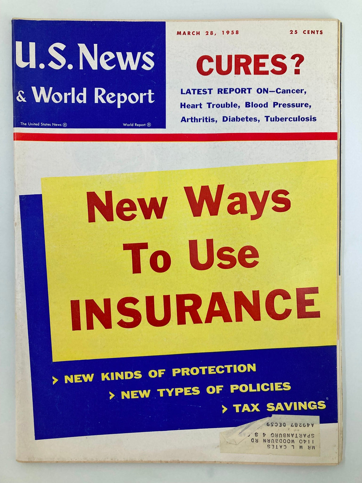 Cover of US News & World Report Magazine dated March 28, 1958, featuring the headline 'New Ways To Use Insurance' along with information about health topics and insurance insights.