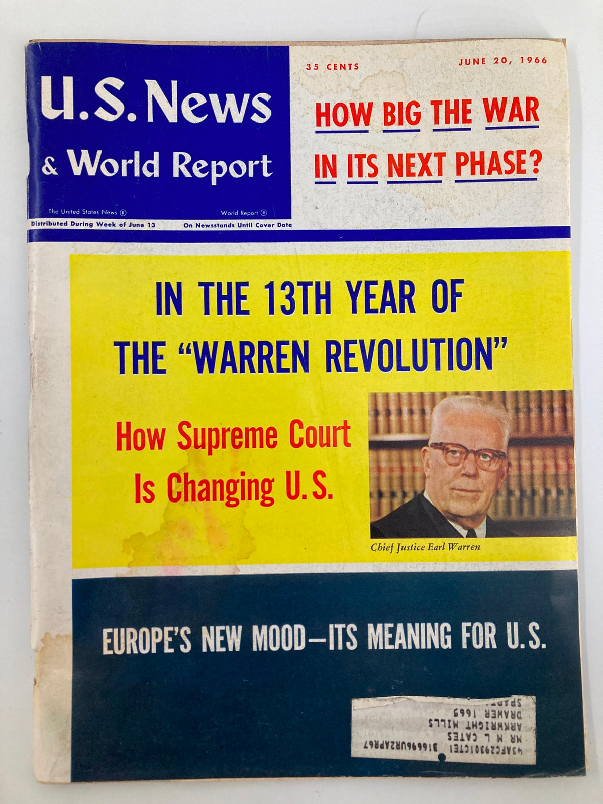 Vintage US News & World Report Magazine from June 20, 1966, featuring a cover story on how the Supreme Court is changing the U.S., with a photo of Chief Justice Earl Warren.