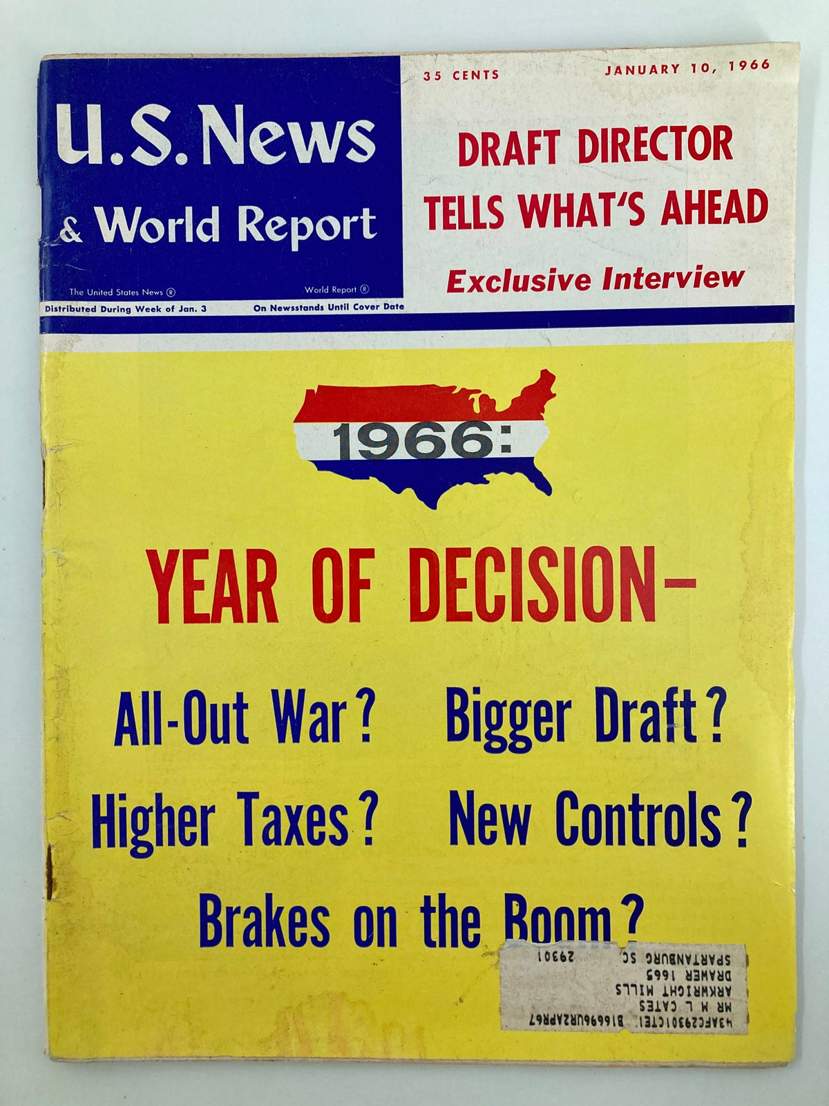 Cover of US News & World Report Magazine, January 10, 1966 featuring a headline about the Draft Director's insights, discussing topics like the draft process, increased taxes, and the social climate of the 1960s.