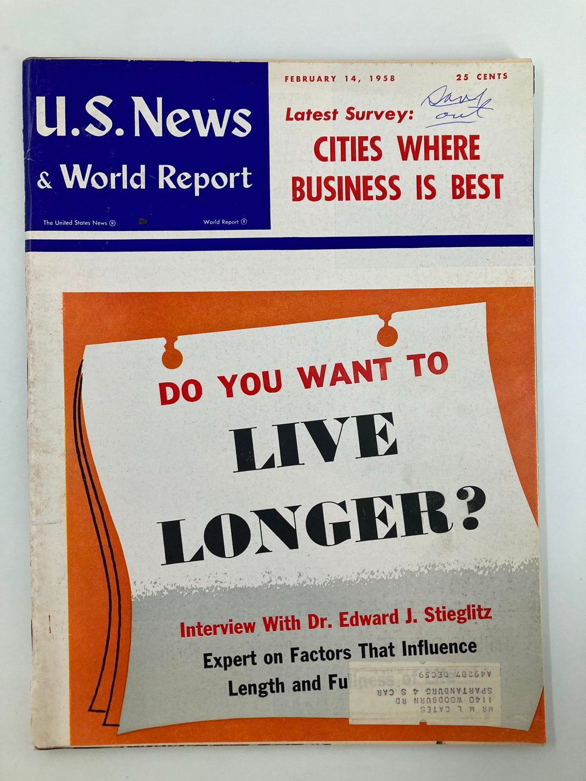 Front cover of US News & World Report Magazine, February 14, 1958, featuring the headline 'Latest Survey: Cities Where Business is Best' with a section asking 'Do You Want to Live Longer?' and an interview feature.