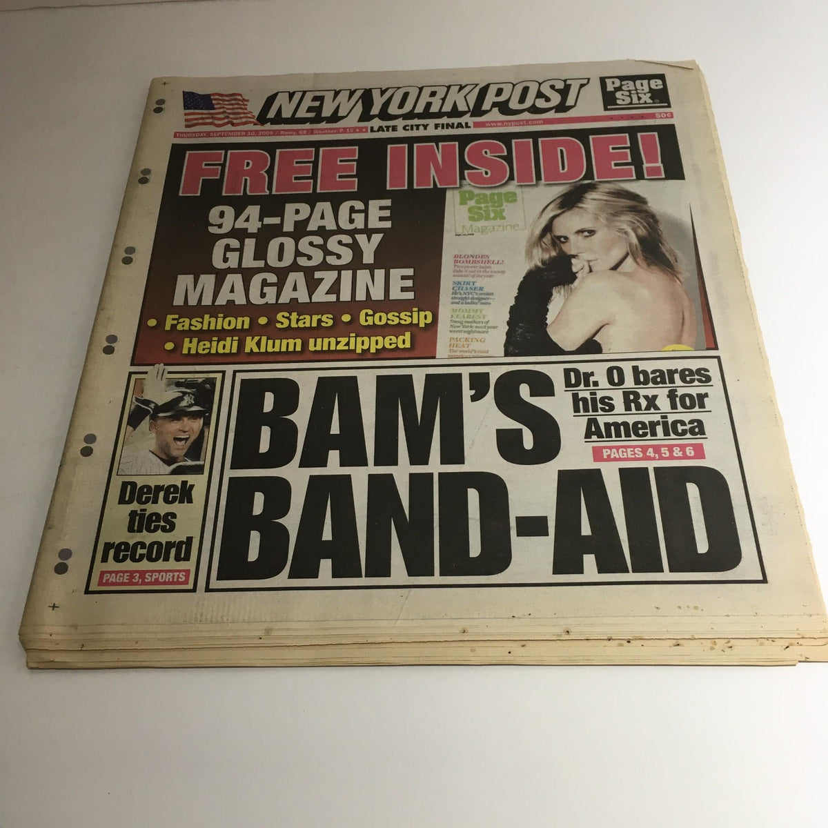 Front page of the New York Post from September 10, 2009, featuring the headline 'BAM'S BAND-AID' with an image of Heidi Klum, and a note about a free glossy magazine.