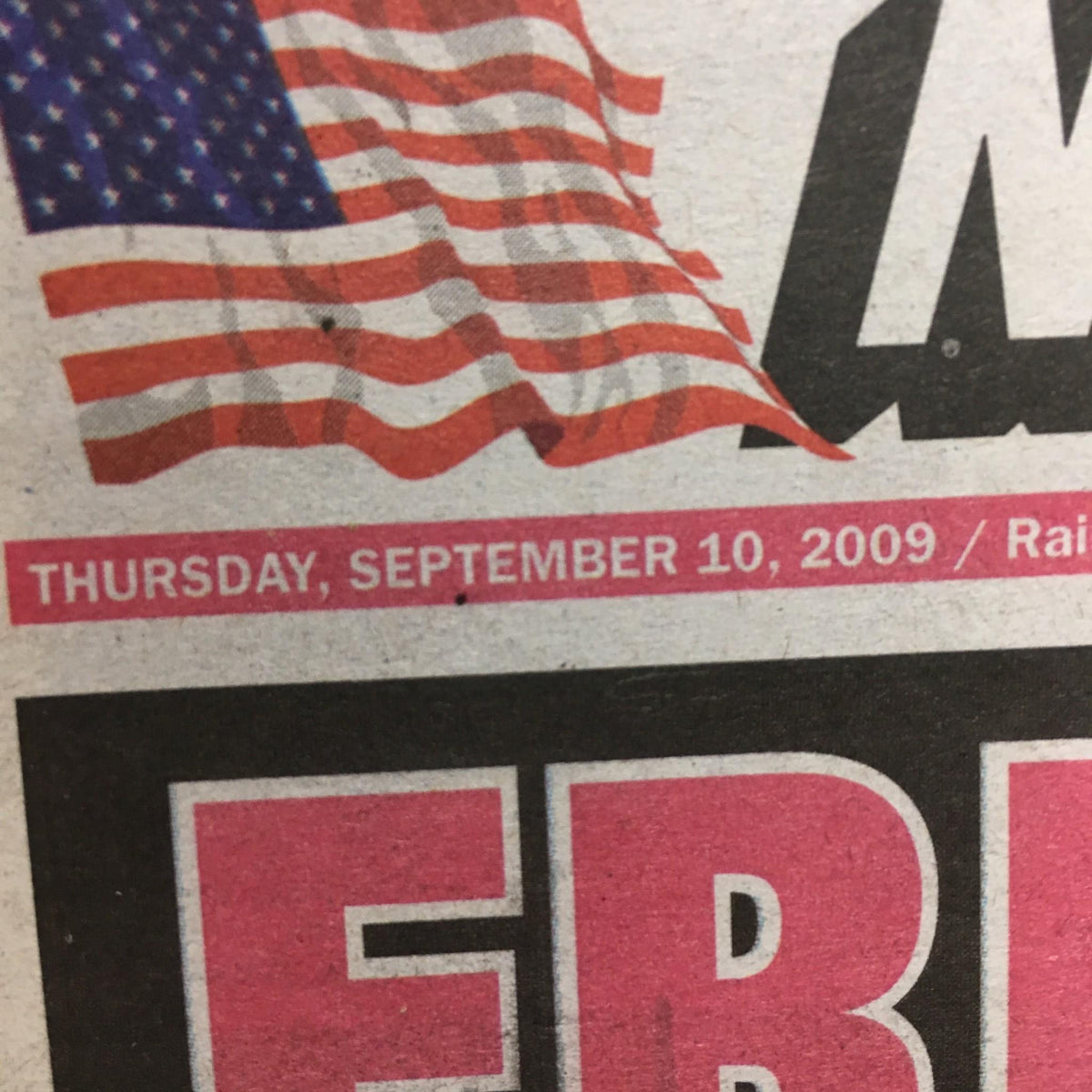 Close-up of the date on the New York Post front page, shown as Thursday, September 10, 2009, under the headline 'BAM'S BAND-AID'.