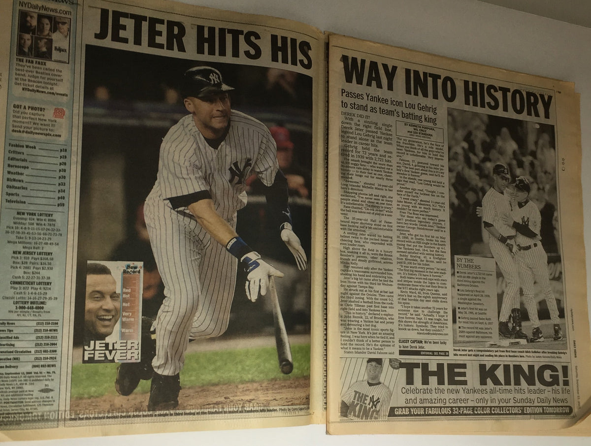 Inside pages of the NY Daily News from September 12, 2009, celebrating Derek Jeter's achievement as he passes Lou Gehrig in historic batting rankings.