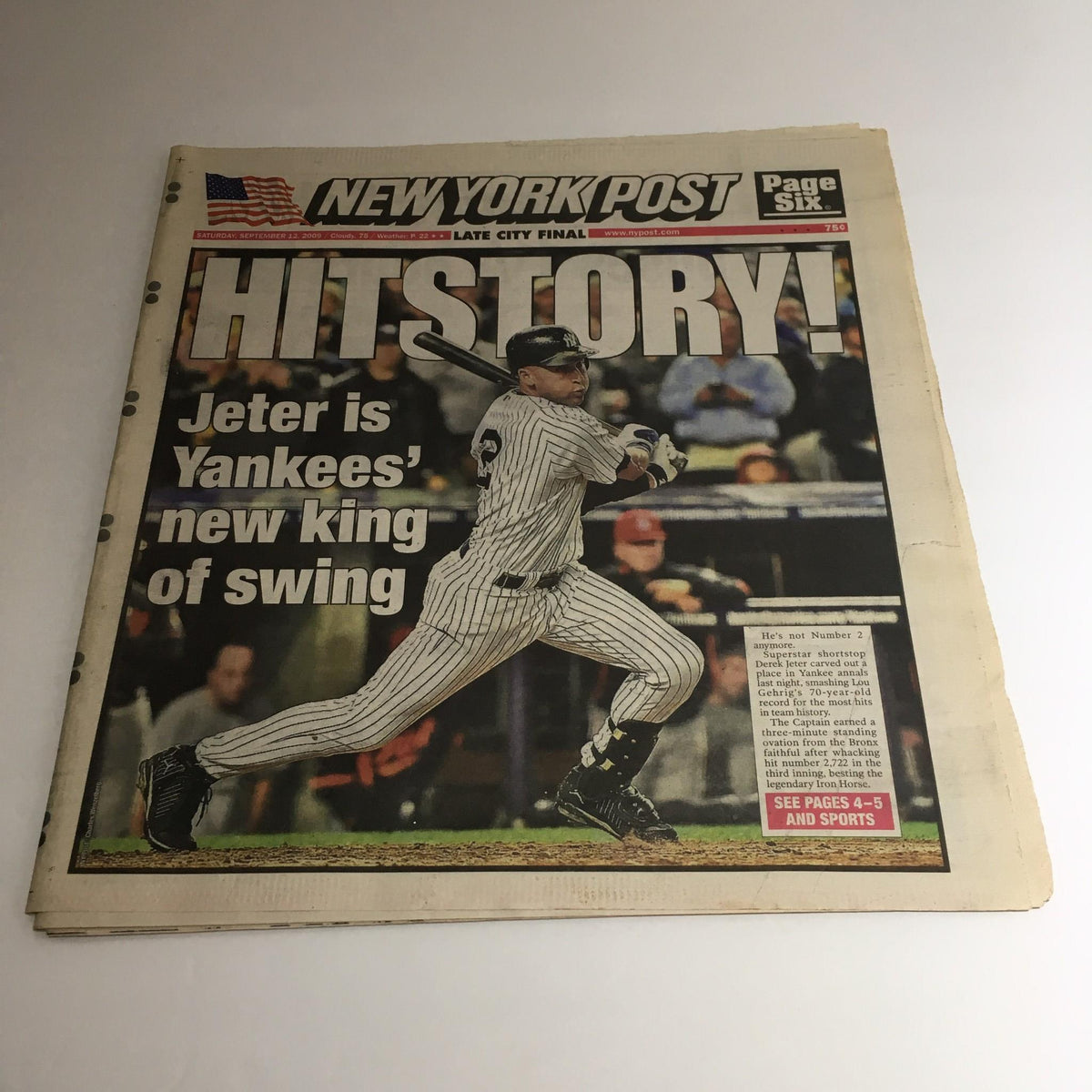 NY Post: Sept 12 2009, Jeter is Yankees' New King of Swing newspaper front page featuring Derek Jeter in action.